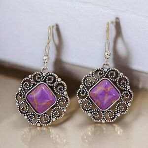SET Gemstone inlaid amethyst silver filigree dangle hook earrings & NECKLACE NEW